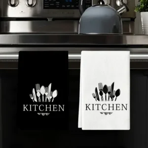 2pcs Elegant Black & White Kitchen Towels with Forks & Spoons Design