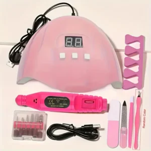 Nail Art Tool Set With USB Nail Lamp, Polisher, Cuticle Tools, And Finger Dividers